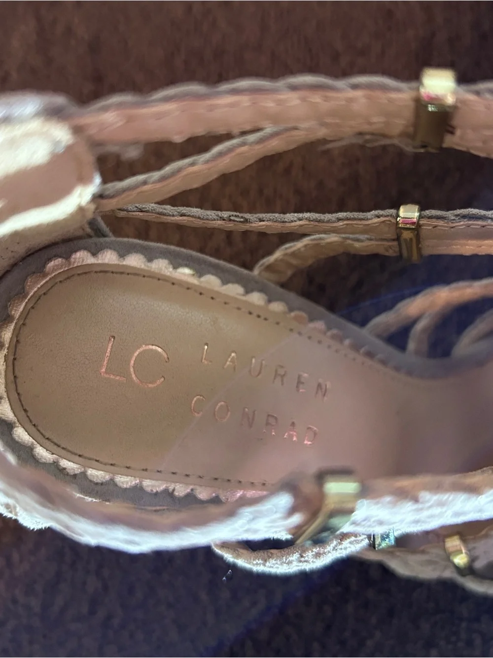 LC Lauren Conrad Taupe Suede Cutout Braided Peep-Toe Heels